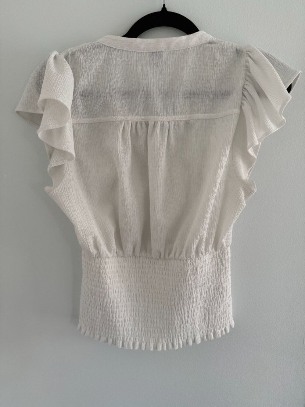 Maeve (Anthropologie) - White Flutter Sleeve - Smocked Blouse Button-Down Top - Picture 3 of 4